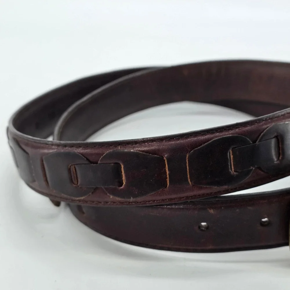 VTG Brown Leather Belt Mens 42 Oil Tanned Cowhide Solid Brass Woven Link 2534-02